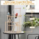 Pet Parrot Playstand Parrots Bird Playground Bird Play Stand Wood Perch Gym Playpen Ladder with Feeder Cups Bells for Cockatiel Parakeet (3 Layers) - Image 6