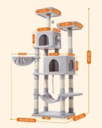 Taoqimiao 66-Inch Cat Tree Cat Tower for Indoor Cats, Plush Multi-Level Cat Condo with 12 Scratching Posts, 2 Perches, 2 Caves, Hammock, 2 Pompoms MS013W Light Gray - Image 3