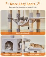 Taoqimiao 66-Inch Cat Tree Cat Tower for Indoor Cats, Plush Multi-Level Cat Condo with 12 Scratching Posts, 2 Perches, 2 Caves, Hammock, 2 Pompoms MS013W Light Gray - Image 6