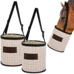 2 Pack Horse Feed Bags 12.6 Inch in Depth Vented Leather Canvas Horse Feed Bucket with Adjustable Strap Waterproof Horse Hay Feeder for Feeding Horse Supplies, Safety and No-spill Flap Design - Image 2