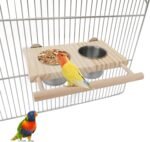 Bird Food Stainless Steel Cups, Parrots Feeding Dish Cups with Wooden Platform, Wooden Perch Stand Hanging Feeder Bowls Feeding, Bird Feeding Dish Cups for Parakeet Lovebirds Cockatiels Budgie - Image 2