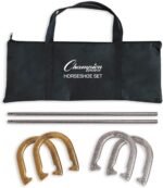 Champion Sports Horseshoe Set: Traditional Outdoor Lawn Game includes Four Professional Solid Steel Horseshoes with Solid Steel Stakes & Carrying Storage Case - Image 2