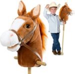 HollyHOME Stick Horse Plush Handcrafted Hobby Horse on a Stick with Wood Wheels Real Pony Neighing and Galloping Sounds for Kids Toddlers Dark Brown 36 Inches(AA Batteries Required) - Image 2