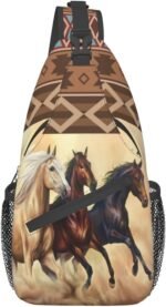 Horse Pattern Sling Bag Crossbody Backpack,Aztec Boho Ethnic Style Western Horse Chest Bag Three Horses Run In Desert Sandstorm Adjustable Shoulder Backpack Travel Hiking Casual Daypack - Image 2