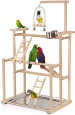 Pet Parrot Playstand Parrots Bird Playground Bird Play Stand Wood Perch Gym Playpen Ladder with Feeder Cups Bells for Cockatiel Parakeet (3 Layers) - Image 2