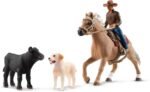 Schleich Farm World Rodeo Calf Adventure Playset - Cowboy Rodeo Rider Figurine with Horse, Cow, and Dog, Realistic Western Rodeo Farm Toys and Accessories, 6-Piece Kids Toy for Boys and Girls - Image 3