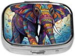 Square Pill Case 2 Compartment Colorful Elephant Pill Box Mini Medicine Pill Organizer Portable Travel Pillbox for Pocket Purse Metal Pill Container for Vitamins Fish Oil Supplements - Image 4