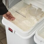 Rubbermaid Commercial Products ProSave Shelf-Storage Ingredient Bin With Scoop, 600-Cup capacity, Plastic, White, Sliding Lid, Container with Wheels for Kitchen/Restaurant Food Organization - Image 4