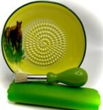 All in one Ceramic Grater Set - Durable Stoneware Grater, Silicon Garlic Peeler, Brush, and Stand. Artwork Horse Design Handmade, Yellow, G-408 - Image 4