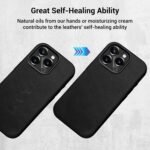 Belemay Compatible with iPhone 15 Pro Max Leather Case with Magsafe, Vintage Premium Crazy Horse Leather, Rich Patina, Secure Grip, Metal Buttons & Lens Protector, Slim Fit Cover (6.7-inch) - Black - Image 7