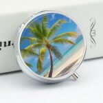 Round Pill Case 3 Compartment Tropical Palm Tree Pill Box Mini Medicine Pill Organizer Portable Travel Pillbox for Pocket Purse Metal Pill Container for Vitamins Fish Oil Supplements - Image 5