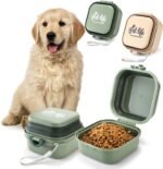 2 Pack Collapsible Dog Cat Bowls with Lid, Integrated 2-in-1 Portable Water and Food Bowl for Dog, Foldable Travel Dog Cat Water Bowl, Dog Cat Travel Accessories for Camping, Green and Beige - Image 2