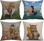 Cat Throw Pillow Covers Cat Cowboy on a Horse Pillow Cover Funny Two Brave Cats Pillow Cases Animal Kitty Pillowcase Cotton Linen Cushion Cover for Couch Sofa Bed 18x18 Set of 4 - Image 2