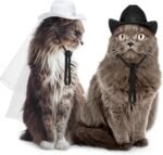 Geyoga 2 Pcs Pet Cowboy Hat Pet Bride and Groom Cowboy Hat with Veil Cat Dog Wedding Outfit Veil Dress Headwear Western Cosplay Accessories for Puppy Kitten Party Daily Wearing (Small) - Image 2