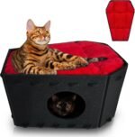 Gothic Cat Bed for Indoor Cats or Pets, Foldable as Halloween Cat House with Soft Cushion for Goth Cat, Gothic Cat House, Coffin Shape Cat Cave, Black and Red Color - Image 2