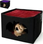 Gothic Cat Bed is for Indoor Cats or Pets, Foldable as Cat Halloween House, 17x17x12.8, with Bat Entry, Spider Toy, Scratch Pad, and Soft Cushion for Goth Cat, Gothic Cat House, Black and Red Color - Image 2