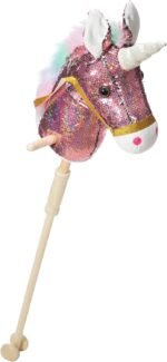 HollyHOME Sequin Unicorn Stick Horse Handcrafted Hobby Horse on a Stick with Wood Wheels Real Pony Neighing and Galloping Sounds Plush Unicorn Toy Pink 36 Inches(AA Batteries Required) - Image 2
