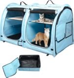 Mispace Portable Twin Compartment Show House Cat Cage/Condo - Easy to Fold & Carry Kennel - Comfy Puppy Home & Dog Travel Crate with Portable Carry Bag/Two Hammocks/Mats and Collapsible Litter Box - Image 2