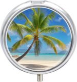 Round Pill Case 3 Compartment Tropical Palm Tree Pill Box Mini Medicine Pill Organizer Portable Travel Pillbox for Pocket Purse Metal Pill Container for Vitamins Fish Oil Supplements - Image 2