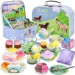Tea Party Set for Little Girls,50PCS Princess Horse Tea Time Toy Including Food Sweet Treats Playsets,Teapot Tray Cake,Tablecloth & Carrying Case,Kids Kitchen Pretend Play for Girls Boys Age 3 4 5 6 - Image 2