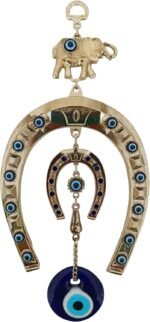 Turkish Silver Horse Shoe Blue Evil Eye Wall Hanging Ornament with Elephant - Turkish Nazar Bead Amulet – Home Protection and Good Luck Charm Gift in a Box - Image 2