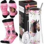 Umigy 2 Pcs Christmas Horse Gifts Horse Print Tumbler Pink Horse Socks for Women, 20 oz Skinny Water Tumbler with Lids Straw and Straw Brushes for Christmas Horse Lovers Gifts - Image 2