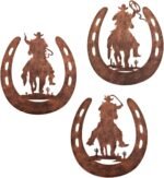VividLadybug horseshoe metal wall art decor with cowboy, western rustic style horse shoes decoration，Yard Art， set of 3 ，9 * 8.2Inches - Image 2