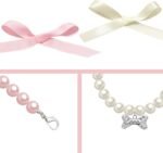 2 Pcs Dog Cat Pearl Collar Necklace with Rhinestone Bone, Fancy Cat Wedding Collar Jewelry for Girl Cat Puppy Dogs Accessories(Pink+White) - Image 4