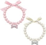2 Pcs Dog Cat Pearl Collar Necklace with Rhinestone Bone, Fancy Cat Wedding Collar Jewelry for Girl Cat Puppy Dogs Accessories(Pink+White) - Image 5