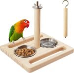Bird Perch with Stainless Steel Feeding Bowl Cups,Parrot Wood Perch Stand Toy,Bird Cage Accessory,Parakeet Supplies for Parakeet Lovebird Cockatiel Conure Budgie Small Parrots (Large Size) - Image 2