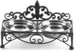 Elevated Pet Feeder for Small Dogs and Cats Double Stainless Steel Food and Water Bowls with Iron Fleur De Lis Stand（Black） - Image 2