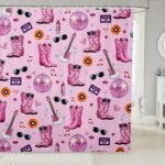 Erosebridal Western Cowgirl Shower Curtain 72" Wx72 L for Girls Women Lady Music Themed Bathroom Shower Curtain Sets Horseshoe Guitar Disco Ball Print Fabric Shower Curtain Girly Pink Bath Curtain - Image 2