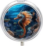 Ocean Seahorse Pill Box Round Mini Pill Case Portable 3 Compartment Travel Pill Organizer Daily Medicine Tablet Vitamin Holder Organizer for Fish Oil Purse Pocket - Image 2