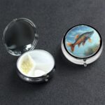 Safflower Flying Fish Pill Box 3 Compartment, Small Pill Box for Purse & Pocket, Metal Pill Case with Mirror, Travel Daily Pill Organizer, Portable Medicine Vitamin Holder Unique Gift - Image 2