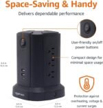 Amazon Basics Rectangular Power Strip Tower Surge Protector 1080J, 9 Outlet, USB-C, 2 USB-A Port, 15A, 6ft Cord, Black - Image 5