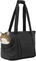 Fhiny Cat Tote Bag Carrier, Small Dog Purse Carrier with Pockets Breathable Pet Carrier Bag Soft Sided Foldable Kitten Travel Bag for Cats Kittens Puppy Rabbits Shopping Travel (Black) - Image 2