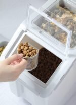 RUIAN Pet Food Storage Container, 22lb Grain Storage Barrels Sealed Bucket on Wheels Dog Cat Dry Food Bin Rice Flour Boxes with Scoop and Measuring Cup, Gray & Pink 2Pcs - Image 3