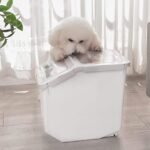 RUIAN Pet Food Storage Container, 22lb Grain Storage Barrels Sealed Bucket on Wheels Dog Cat Dry Food Bin Rice Flour Boxes with Scoop and Measuring Cup, Gray & Pink 2Pcs - Image 4